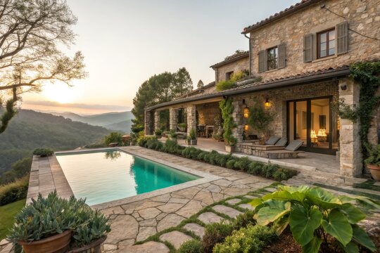Elegant stone villa with expansive outdoor area and swimming pool overlooking rolling hills at sunset