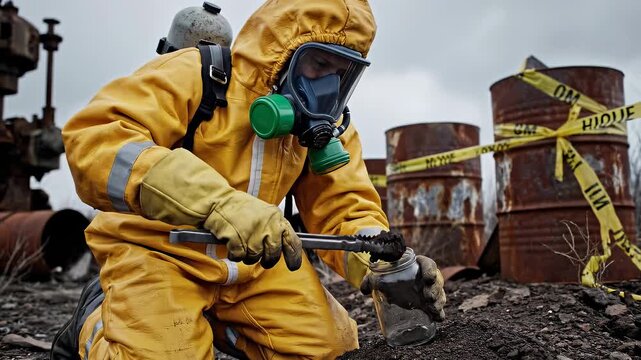 Scientist in protective hazmat suit taking soil samples