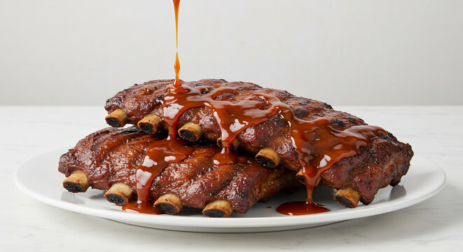 Gl&auml;nzend glasierte Spareribs reichlich mit s&uuml;&szlig;er BBQ So&szlig;e &uuml;bergossen appetitlich pr&auml;sentiert auf wei&szlig;em Teller