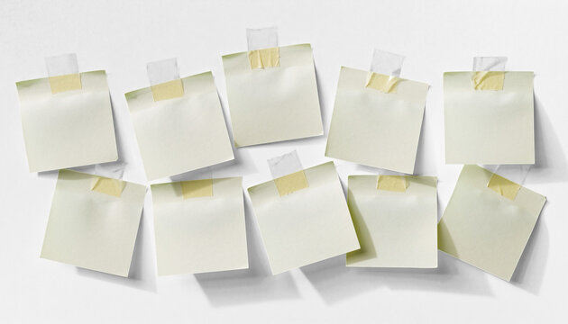 Blank Square Sticky Notes Taped to Wall. Isolated on Transparent Background