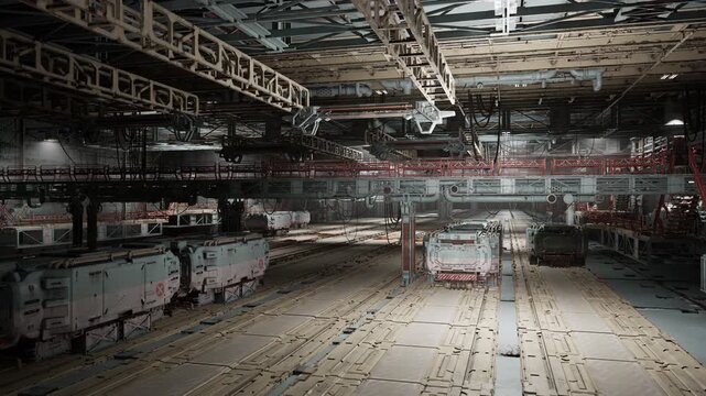 empty industrial train depot with peeling paint and dim lights, abandoned carriages lined along silent tracks, dust and scattered debris on concrete floor,