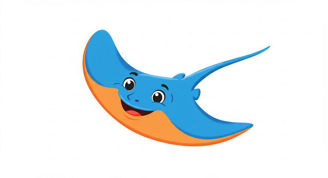 Munterer blauer und oranger Zeichentrickrochen l&auml;chelt freundlich. Lebendige Illustration eines marinen Lebewesens f&uuml;r Kinder.