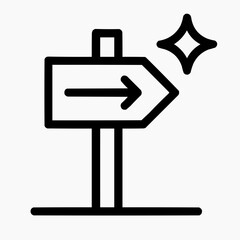 Line icon of a road sign arrow and a spark &mdash; navigation direction, black on white, square minimalist style
