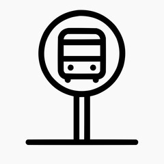 Line icon of a bus stop sign and a line &mdash; public transport point, black on white, square minimalist style