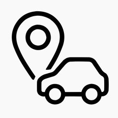 Line icon of a map pin and a small car &mdash; destination transport, black on white, square minimalist style