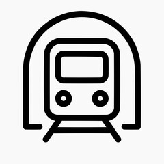 Line icon of a subway train and a tunnel arch &mdash; underground transport, black on white, square minimalist style