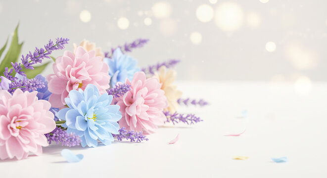 Sanfter pastellfarbener Blumenstrau&szlig; mit zarten Bl&uuml;ten und warmem Bokeh Licht im eleganten Hintergrund