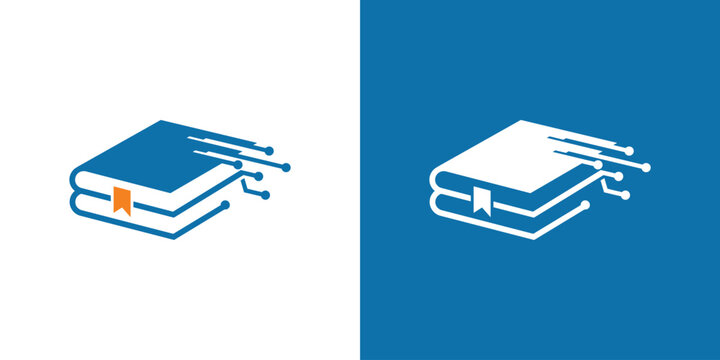 Modern digital book logo design blue and white color scheme simple and clean.