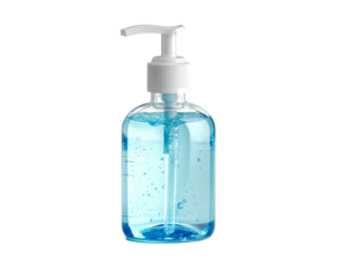 A bottle of hand sanitizer with a blue liquid, ready for use. It symbolizes hygiene, cleanliness, and protection from germs Isolated Transparent Background, PNG