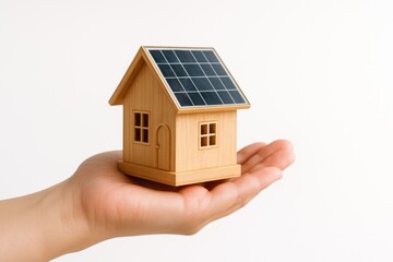 Green energy innovation shows small wooden house with solar panel technology promoting sustainable climate finance and net zero renewable energy, esg data for future
