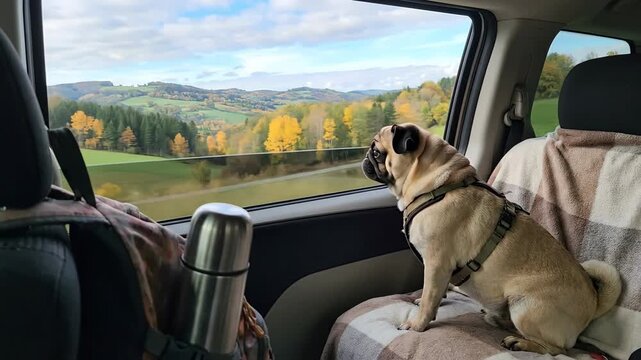 Adorable pug dog enjoys a scenic coastal road trip, peering happily out the window of a vintage van while being gently petted, capturing the joy of travel and canine companionship