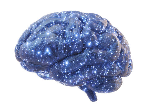 A digital illustration of the human brain lit up with vibrant lines and dots Isolated Transparent Background, PNG