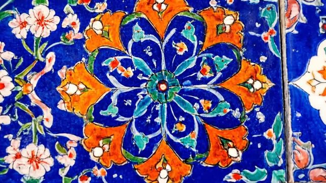 Intricate floral tile pattern, with vivid blue, orange, green, and white details. A decorative design