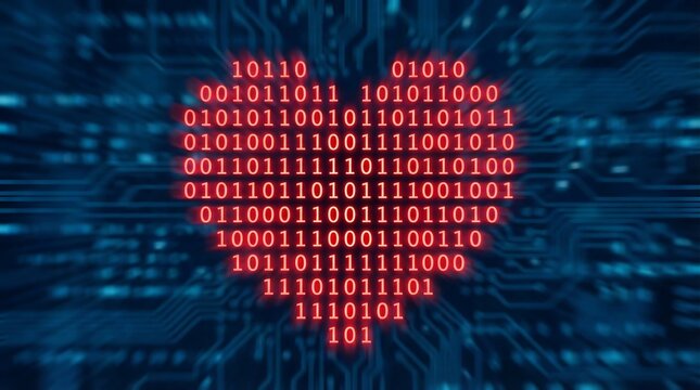 Red Digital Binary Code Heart on Blue Circuit Board Background