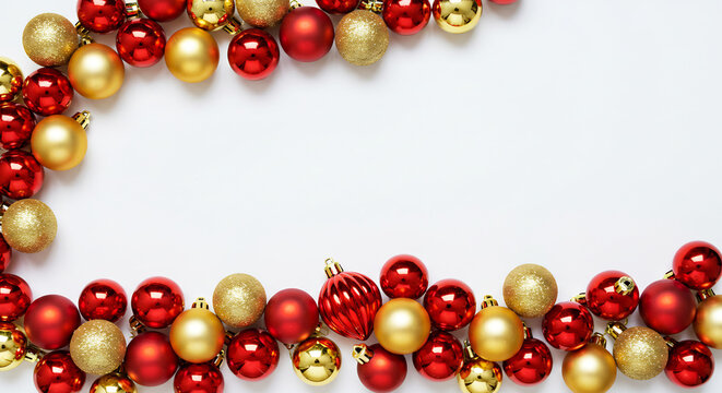 Gl&auml;nzende rote goldene Weihnachtskugeln rahmen festlich weissen Hintergrund ein minimalistische Weihnachtsdekoration