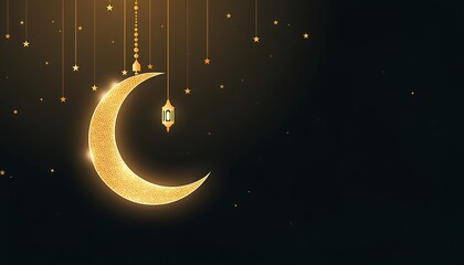Golden Glowing Crescent Moon and Lantern Hanging Stars Background