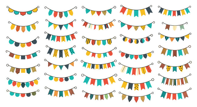 Large collection of colorful party buntings and flag garlands in various shapes and patterns for festive decorations.
