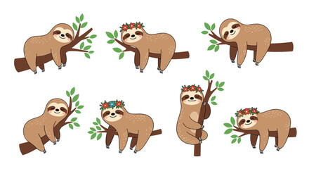 Fototapeta premium Adorable collection of cute cartoon sloths in various sleeping and hanging poses on tree branches, some with flowers.