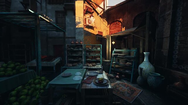 early morning market stall with ceramics and produce on wooden counters, artisan arranging vases and bowls, soft sunlight through narrow alley, stacked shelves