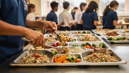 Obraz premium Closeup of hands preparing balanced meal portions in a school cafeteria with trays and busy students softly blurred around.