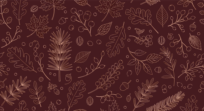 An elegant seamless pattern of delicate autumn leaves and berries in a rose gold outline style on a dark background.