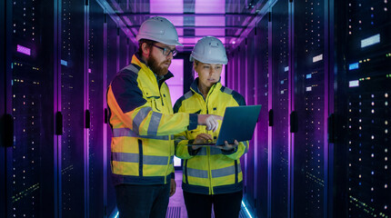 Tech Team Collaboration: A focused team of engineers works in unison amidst the humming servers of a high-tech data center, collaborating on a digital task, embodying dedication and teamwork.