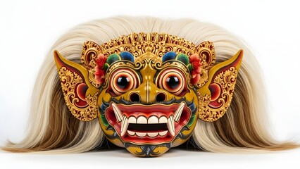 Colorful Traditional Bali Barong Mask Portrait with Hair.