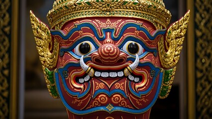 Colorful ornate festival mask with dramatic eyes and gold details.