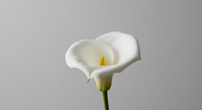 Weisse Calla Lilie sanft beleuchtet vor hellem grauem Hintergrund zarte Eleganz einer reinen Bl&uuml;te
