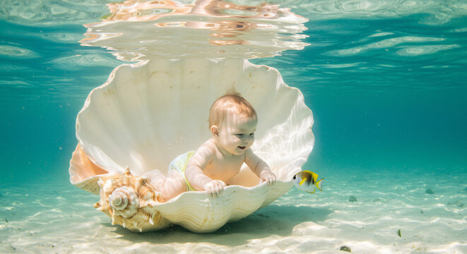 Magisch helles Unterwasserlicht umh&uuml;llt ein s&uuml;&szlig;es Baby in gro&szlig;er Muschel das einen bunten Fisch bestaunt