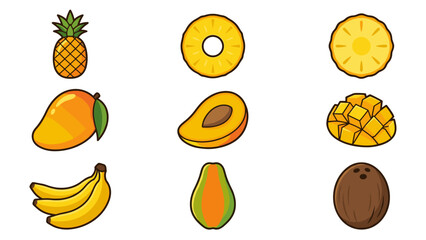 Fototapeta premium Tropical fruits vector icon set with pineapple, mango, banana, papaya, and coconut. Flat cartoon design, sliced and whole elements, isolated on white background, healthy summer food illustration