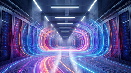 Data Tunnel: Futuristic rendering of a server room, showcasing data flow through a luminous tunnel, highlighting the digital age and information technology.