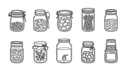 Zero waste glass jars vector set. Minimalist line art icons of reusable containers, spice jars, herbs, seeds, and storage bottles in clean outline style for sustainable kitchen and eco lifestyle
