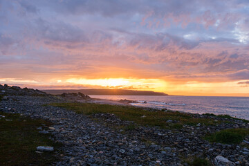 Russia, Murmansk region, Rybachy Peninsula. Sunset on the Barents Sea coast. August 2025