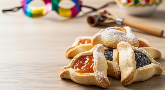Delicious Hamantaschen cookies, a traditional Purim feast concept, with festive masks and noisemakers for a joyful holiday celebration.