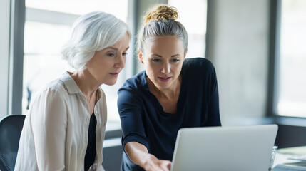Obraz premium premium commercial stock photo of a senior mentor coaching a junior colleague while reviewing work on a laptop in office, supportive mentoring vibe, focused attentive expressions,