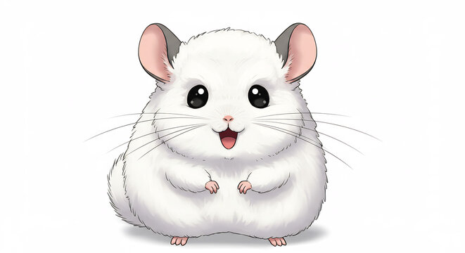 Ein niedliches wei&szlig;es Chinchilla im Cartoon Stil l&auml;chelt fr&ouml;hlich strahlend hell und flauschig auf wei&szlig;em Hintergrund