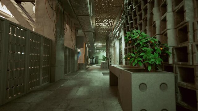 Empty industrial corridor with lockers, dim green lighting, concrete walls, hanging cables and metal grating potted plant and bench break monotony, worn floor