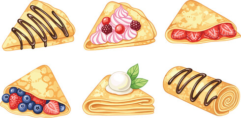 Sweet crepe dessert vector illustration set with folded pancakes, berry fillings, chocolate drizzle and rolled crepes isolated on white background for bakery design © MstBabli