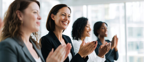 Fototapeta premium businesswomen applauding their colleague during a meeting in a modern office conference room, diverse professional women