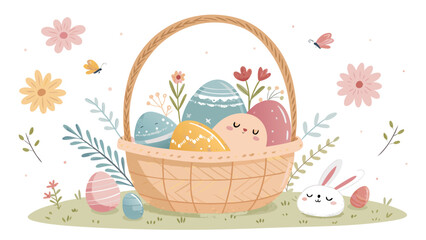Cute Easter basket with colorful eggs and bunny in garden
