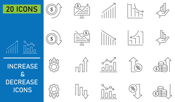 Collation of increase and decrease icon set showing business growth. Containing growth, graph, decrease, fall, up and more. Business growth and fall graph symbol. Vector illustration.