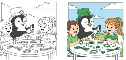 Fototapeta premium Happy cartoon children and cute penguin in green hat making St. Patrick's Day bead jewelry and crafts with shamrocks at table outdoors vector illustration.