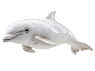 A sleek and majestic white dolphin gracefully swimming in the ocean, a symbol of freedom and intelligence. Its smooth, curved form reflects the aquatic light. Isolated Transparent Background, PNG