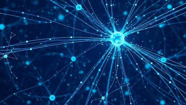 Abstract digital network with interconnected nodes and glowing blue lines on a dark background