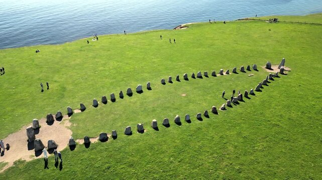 Aerial of Ales Stenar stone ship monument located on a hilltop overlooking the Baltic Sea near the village of Kaseberga in Scania southern Sweden.&nbsp;