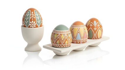 Geometric Patterned Easter Eggs on White Ceramic Stand.