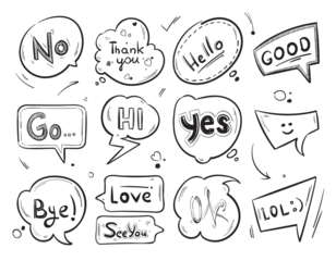 Hand-drawn doodle set of cute speech bubbles with various words like 'No', 'Thank you', 'Hello', 'Good', 'Go', 'Hi', 'Yes', 'Love', 'OK', 'LOL', 'Bye', 'See You', isolated on transparent background.
