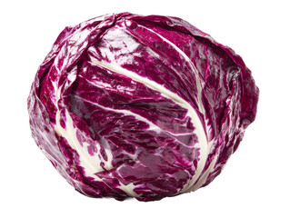 Fototapeta premium A head of vibrant radicchio, a delightful addition to any culinary creation. The radicchio boasts a beautiful purple hue with crisp, fresh leaves Isolated Transparent Background, PNG