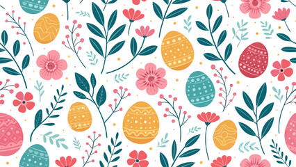 Vibrant Easter eggs and flowers pattern for spring designs